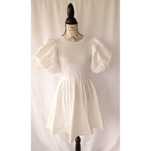 En Saison White Exaggerated Puff Sleeve Mini Dress Crew Neck Babydoll Poplin S